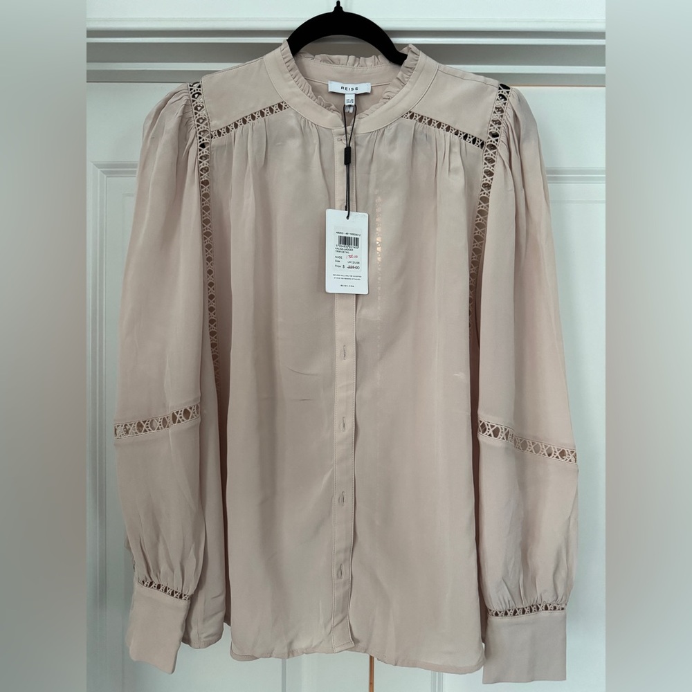 Reiss Kalisa Ladder Embroidery Satin Button Front Blouse Top Pink. Size 8. NWT.
